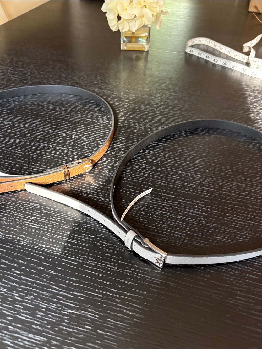 Tahari Slim Leather Belt Pair in Brown & Silver